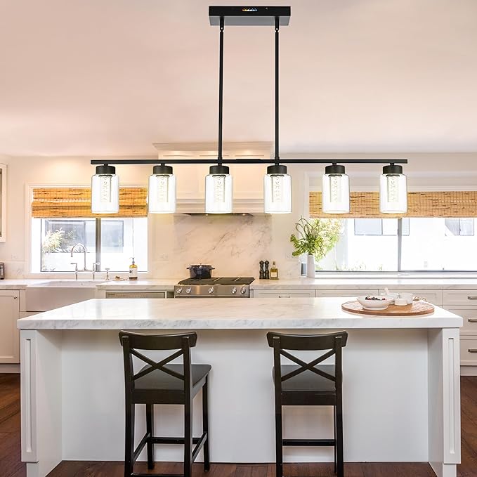 6-Lights 5CCT LED Black Kitchen Island Light LED Integrated Bulbs Included, Modern Linear Pendant Light Fixtures Hanging with Bubble Crystal LED & Clear Glass Shade