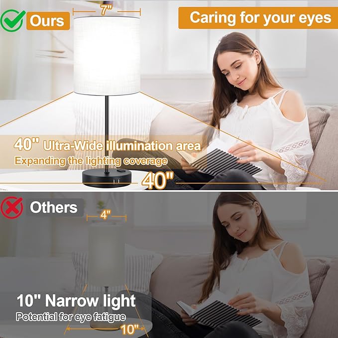 Lynnoland 𝟮𝟬𝟮𝟯 𝗡𝗘𝗪 Set of 2 Touch Control Table Lamps with 2 USB & AC Outlet, 3-Way Dimmable Bedside Nightstand Lamps for Bedroom Living Room Nursery, 800 Lumens 5000K Daylight Bulbs Included