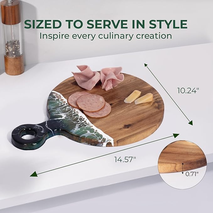 Acacia Wood Cutting Board with Ocean Resin Art, 14.6”x10.2”, Includes Stand & Loofah, Handcrafted Charcuterie Cheese Board & Serving Platter, Great for Décor, Housewarming, Weddings (Round)