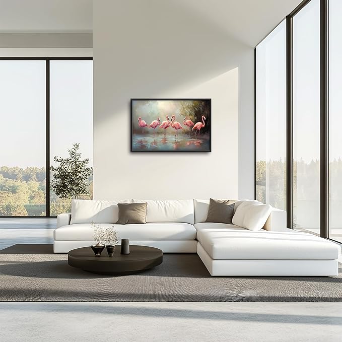 Flamingo Framed Wall Art for Living Room, Large Pink Birds Canvas Wall Decor, Animal Lake Pictures Painting, Modern Artwork for Bathroom Bedroom 36L'' × 24W''