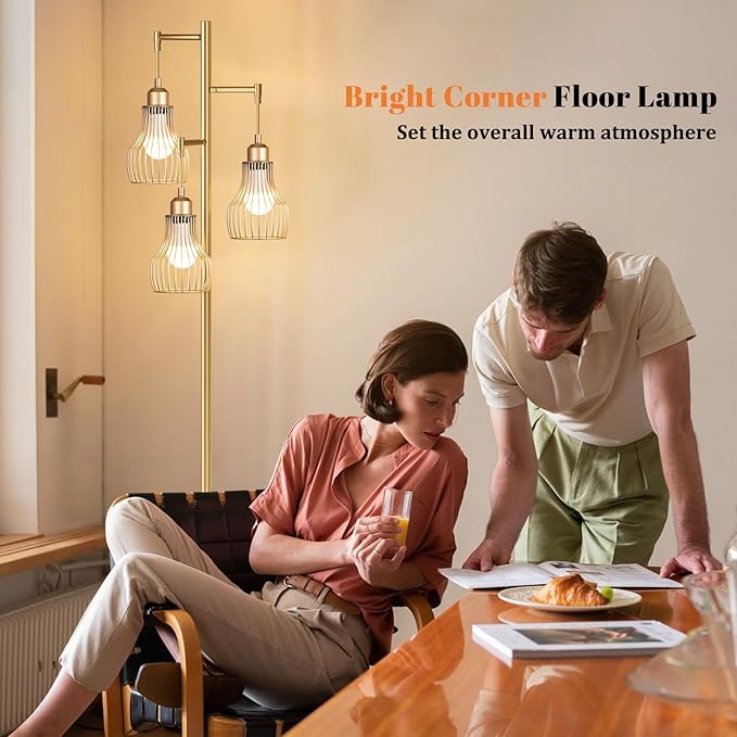 Dimmable Gold Floor Lamps for Living Room, Farmhouse Tree Standing Tall Lamp with Remote Control 3 Elegant Cage Shade LED Bulbs for Bedroom Office - Gold