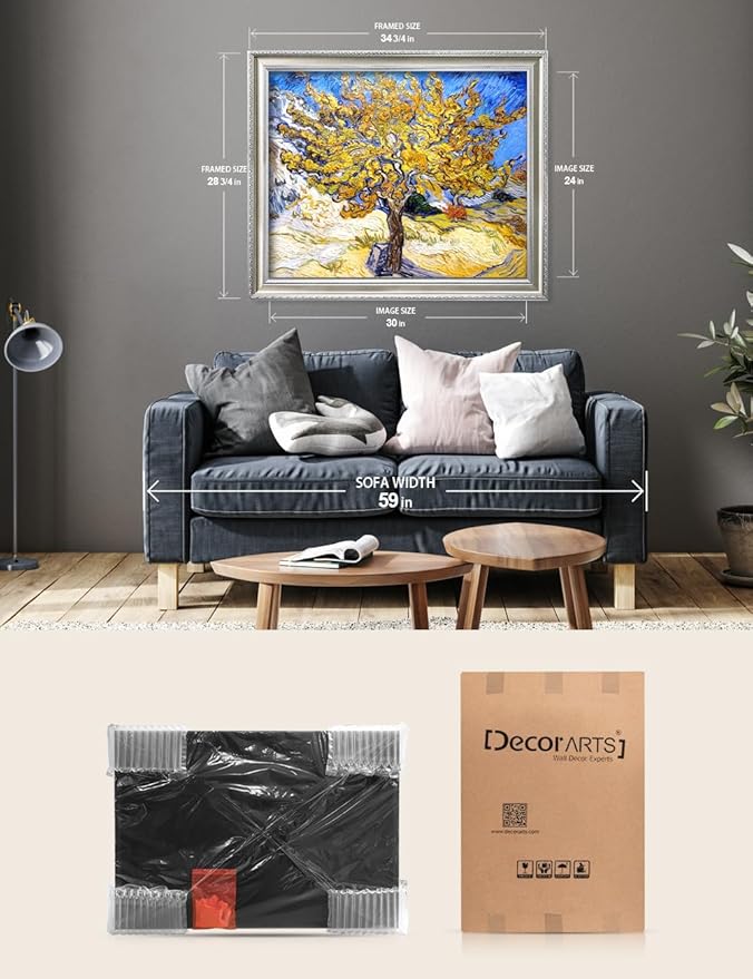 DECORARTS - The Mulberry Tree by Vincent van Gogh, Museum-Quality Giclee Canvas Print with Silver Solid Wood Frame, 34.75 x 28.75 in, Ready to Hang, Made in USA