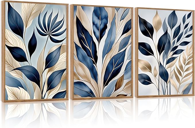 HPNIUB Botanical Leaf Framed Canvas Wall Art Set, Modern Natural Leaves Wall Decor, Minimalist Plant Floral Wall Painting, Abstract Aesthetic Leaf Art Print for Living Room,Bedroom,Office-16 x24 x3