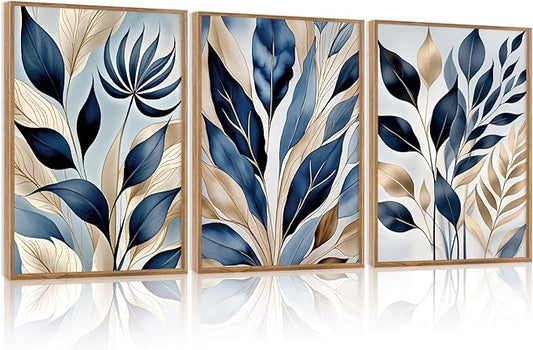 HPNIUB Botanical Leaf Framed Canvas Wall Art Set, Modern Natural Leaves Wall Decor, Minimalist Plant Floral Wall Painting, Abstract Aesthetic Leaf Art Print for Living Room,Bedroom,Office-16 x24 x3