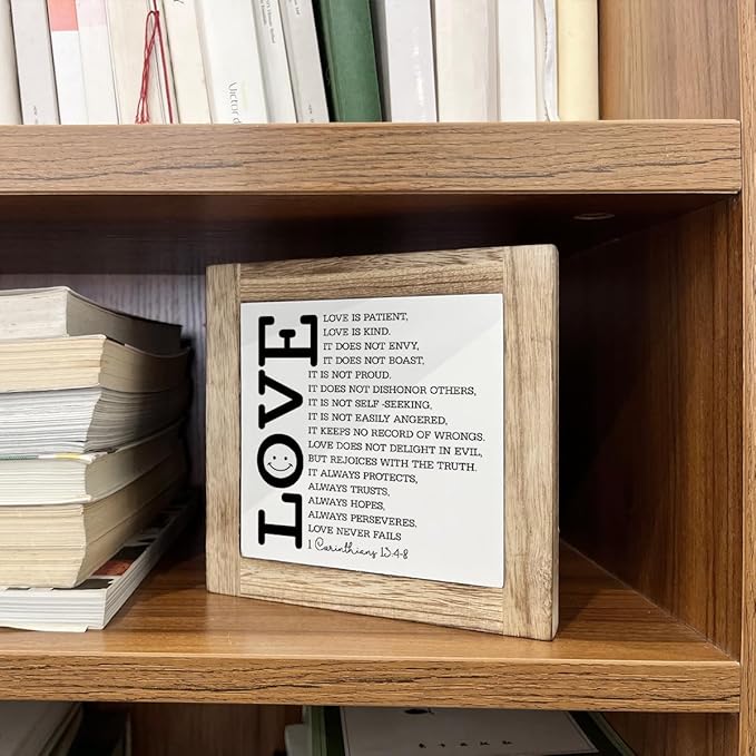 Loves Quote Wood Sign, Bible Verse Decor Art, Christian Home Decor for Living Room Bedroom, Couple Gift for Wedding Anniversary, Scripture Corinthians 13:4-8a Signs, Love is Patient Love is Kind Sign