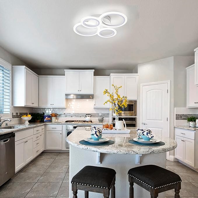 Modern LED Ceiling Light, White 4 Rings Flush Mount Ceiling Light, 4000K Lighting Fixture Ceiling Lamp for Kitchen, Bedroom, Living Room, Laundry Room