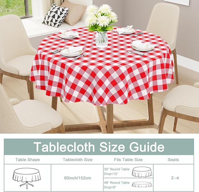 misaya Round Waterproof Vinyl Table Cloth, Buffalo Flannel Backed Tablecloth, Wipeable Plastic Table Cover for Dinner, Kitchen, Picnic (60", Red and White)