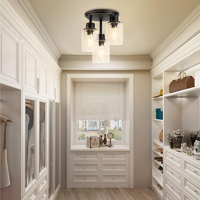 Semi Flush Mount Ceiling Light, 3-Light Close to Ceiling Light Fixtures, Vintage Oil-Rubbed Bronze Finish with Clear Seeded Glass Shade Chandelier Lighting for Stairs Porch Hallway Entryway Kitchen