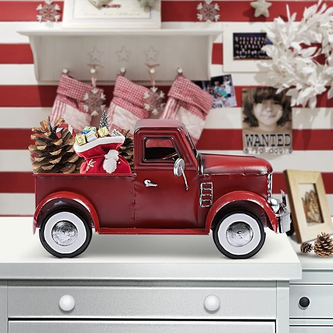 Red Truck Farmhouse Table Decor, Farm Metal Car Trucks Basket for Indoor and Outdoor, Vintage Pick-up Desktop Storage, Decorative Home Christmas Decorations
