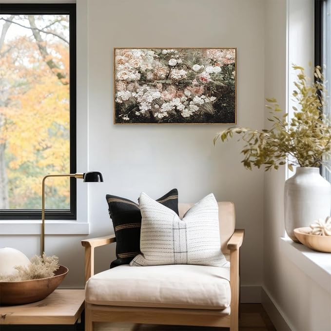 KBKBART Framed Canvas Wall Art for Living Room Bedroom Decor, Vintage Moody Floral Art Print Flower Rose Garden, Rustic Bathroom Decor, Classical Vintage (16"x24")