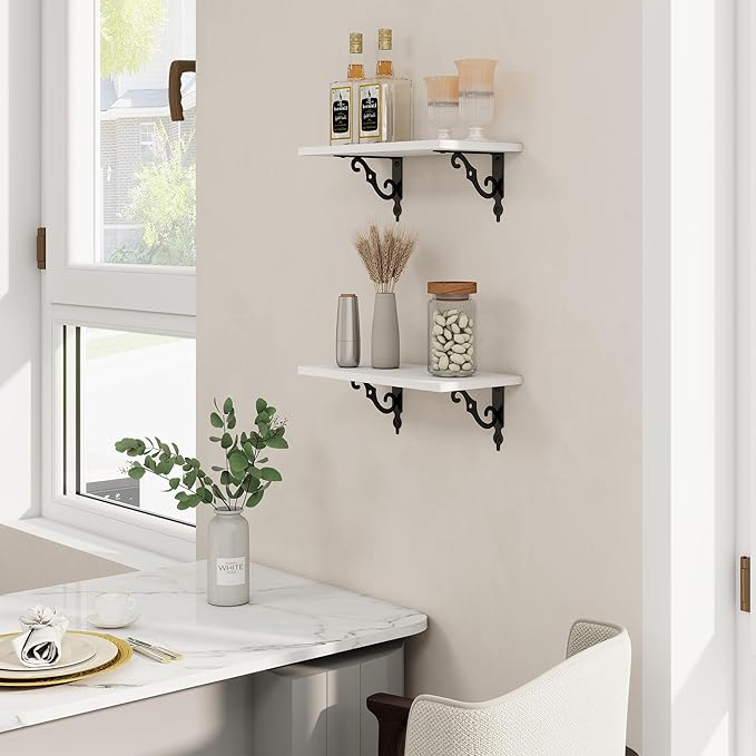 RICHFOCUS Floating Shelves for Wall Decor, 8 Inch Deep Wall Shelves Set of 2, 16W x 8D White Floating Shelves Wall Mounted with Metal Brackets, Rustic Wood Shelves for Living Room Bedroom Kitchen