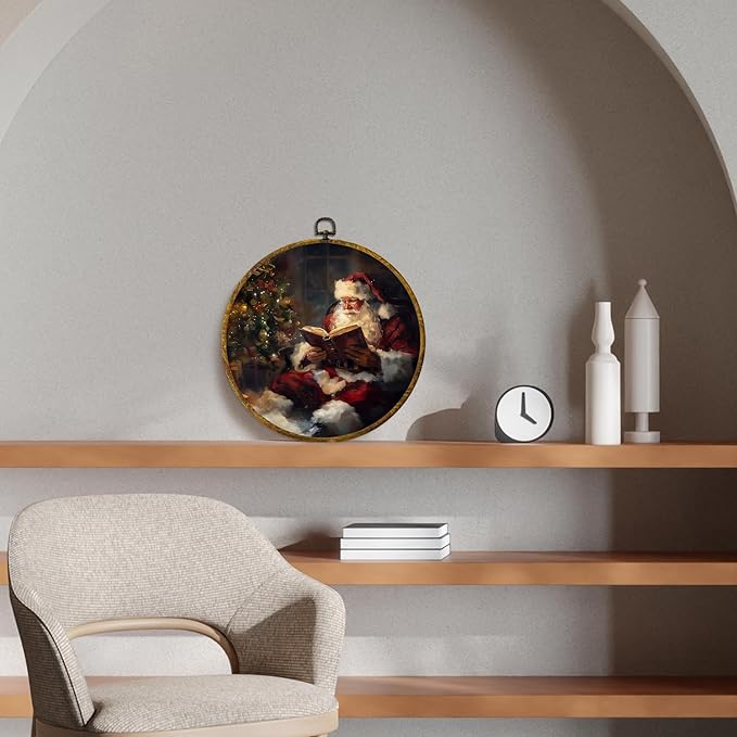 CUANFDDSF Vintage Christmas Santa Reading Round Wall Art Decor, Cozy Xmas Tree Santa Claus Holiday Wall Hanging Frame Decor, Winter Christmas Canvas Prints Decorations for Home Bedroom, 10x10 Inch