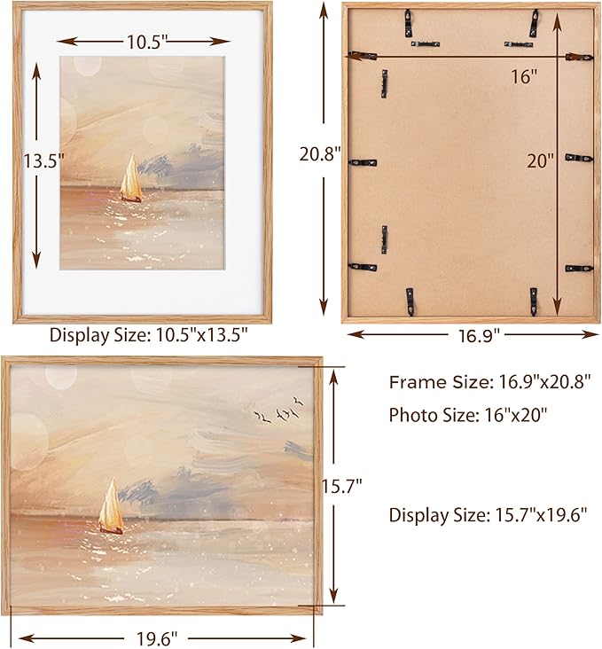 Fun Memories 16x20 Picture Frames Set of 3, Solid Oak Wood Picture Frame 16 by 20, 16x20 Frame with Mat for 11x14, 16 x 20 Frame with Tempered Glass, 16"x20" Poster Frame