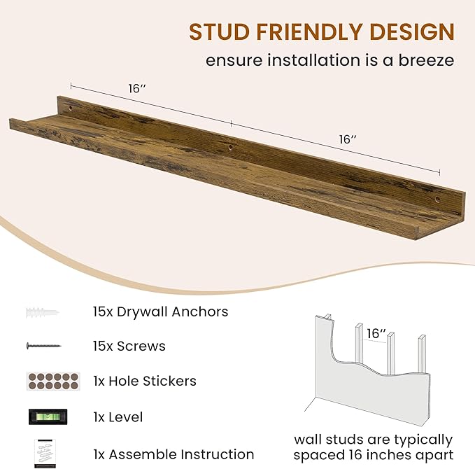 Axeman Picture Ledge Shelf, Floating Shelves for Wall Storage Set of 6, 36 inch Floating Wall Mounted Shelves, Wall Shelves with Lip for Living Room, Bedroom, Nursery, Bathroom, Kitchen, Rustic Brown