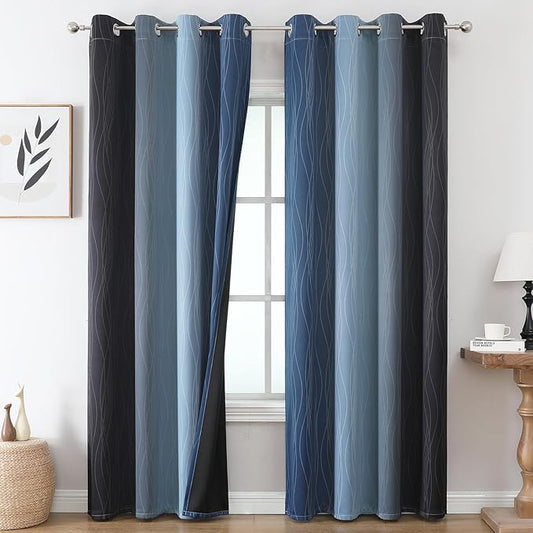 Estelar Textiler Navy Blue and Black Ombre Blackout Curtains 90 Inches Long 2 Panels for Living Room, Thermal Insulated Drapes for Bedroom,Full Room Darkening Grommet Curtains for Sliding Door,52Wx90L