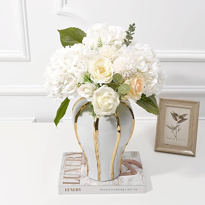 Artflower 8Pcs Real Touch Hydrangea Artificial Flowers, 22.5'' White Full Latex Faux Hydrangea Flowers for Home Floral Arrangements Wedding Bouquets Kitchen Table Centerpiece Decorations