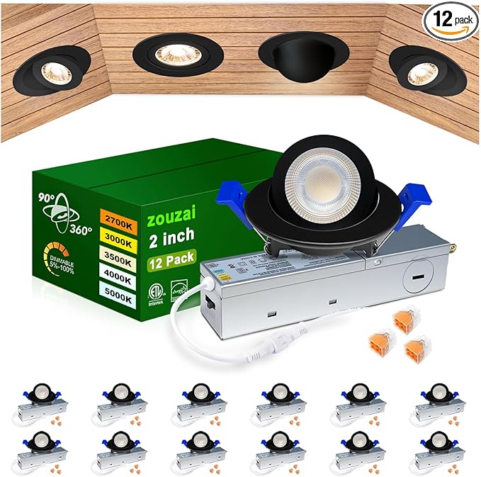 zouzai 5CCT LED Gimbal Led Recessed Light with Junction Box, 360°+90° Adjustable Directional Eyeball Lighting, Dimmable, 2700K/3000K/3500K/4000K/5000K,ETL&Energy Star (Black 12 Pack, 2 inch)
