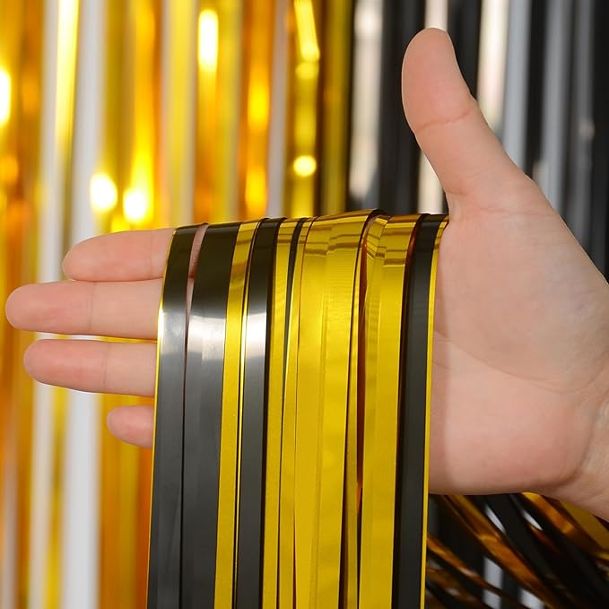 Melsan Foil Curtain Tinsel Backdrop - 3.2ft X 8ft Black and Gold Fringe Curtain Photo Streamers Backdrop for Halloween, Graduation, New Year EVE, Retirement Party Decorations - Pack of 2