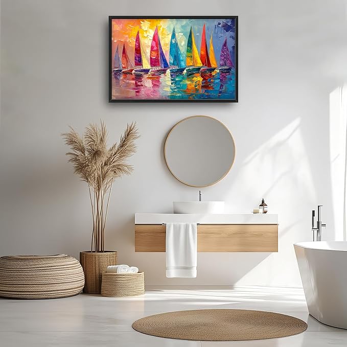 Large Coastal Sailboat Framed Wall Art for Living Room, Colorful Sailboats Canvas Wall Decor, Vintage Nautical Pictures Painting, Modern Landscape Artwork for Bedroom 36L'' × 24W''