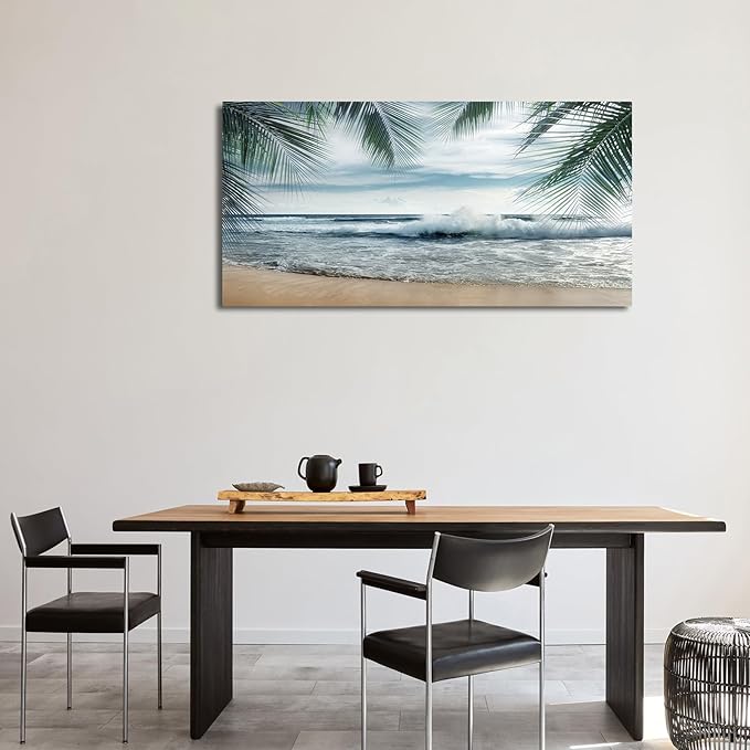 arteWOODS Tropical Beach Canvas Wall Art - Ocean Waves Pictures Coastal Oceanic Blue Sky and Sea Print Seaside Palm Tree Leaves Scene Painting Artwork Living Room Bedroom Office Home Decor 24" x 48"