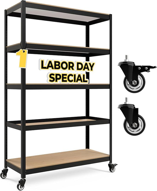 HOMEDANT House 5-Tier Metal Boltless Rolling Cart Shelf Rack Casters Heavy Duty Wheel Shelving Unit Adjustable Utility Storage Shelves Organizer Shelf Kitchen Garage 48.1" W x 18.5" D x 75.4" H 1Pack
