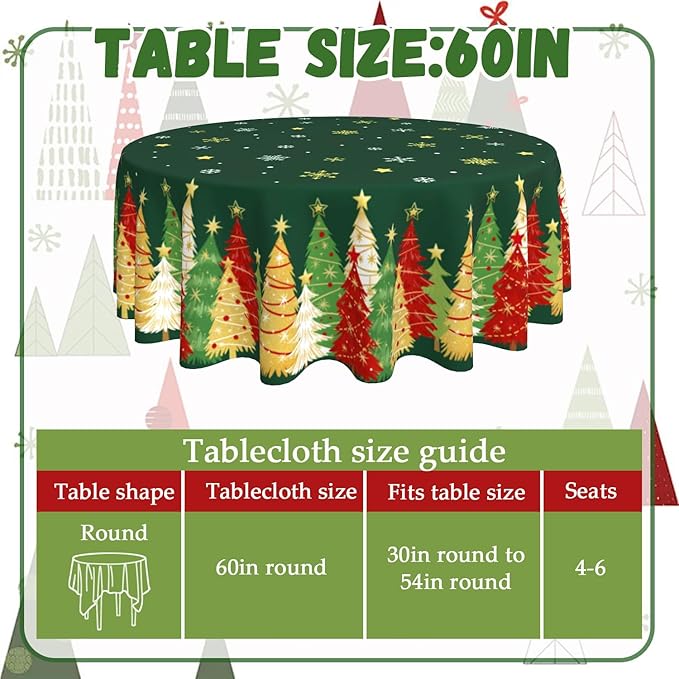 Christmas Round Tablecloth 60x60 Inch Xmas Snowflakes Trees Table Cover Holiday Decorations Seasonal Decor for Home Kitchen Dining Room Picnic Party Winter Green