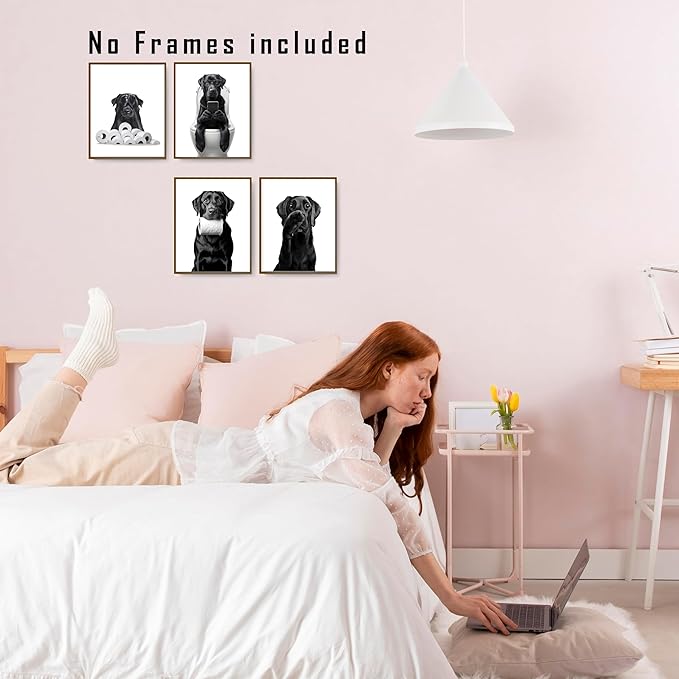 FITIE Funny Black Labrador Retriever Bathroom Wall Art Posters Set of 4, Dog Bathroom Decor, Toilet Humorous Black Lab Dog Canvas Prints Artwork Wall Decor for Bath Wash Room, 8x10 Unframed