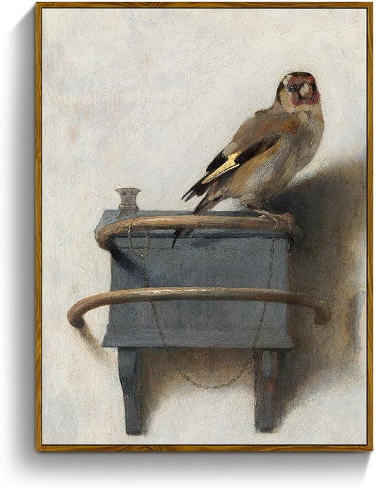 crmotu Bird Framed Wall Art, Vintage Still Life Pictures Wall Decor, Retro Animal Canvas Prints Artwork, Goldfinch Rustic Farmhouse Decor Paintings, Bathroom Bedroom Desktop Kitchen Decoration 8x10in
