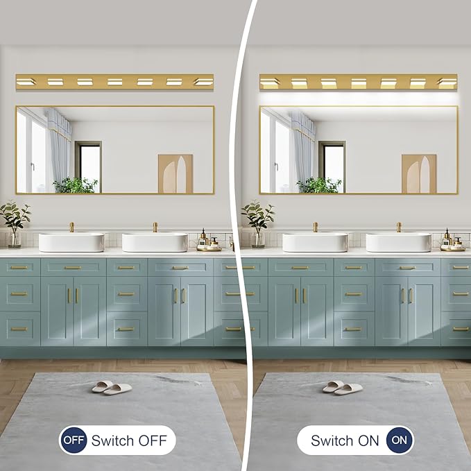 SineRise LED Modern Bathroom Vanity Light Fixtures (7-Light, 55-Inch), Brass Modern Acrylic Bathroom Wall Lighting Fixtures Over Mirror (Cool White 6000K)