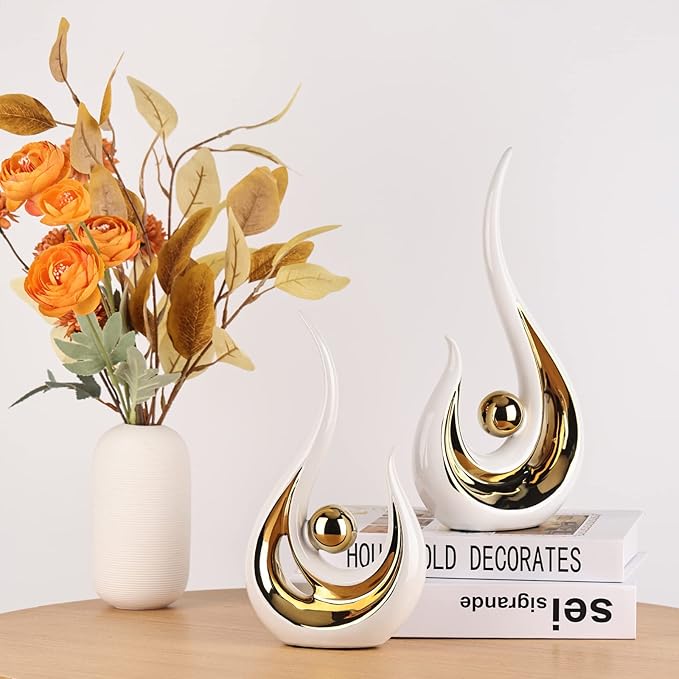 LCCCK 2-Pack Modern Abstract Art Home Decor Accent, Contemporary Statues Coffee Table Decor for Living Room, Dining Room Centerpieces, Ceramic Sculptures and Gold Knick Knacks for TV Stand Decor