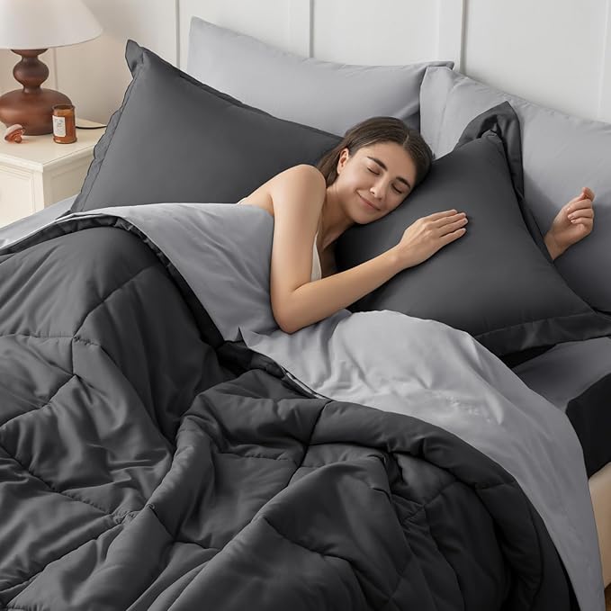 JOLLYVOGUE King Comforter Set, Ultra-Soft Bed in a Bag King Size 7 Pieces, Oeko-TEX Certified Bedding Set with Down Alternative Comforter, Sheets, Pillowcases & Shams, Dark & Light Grey