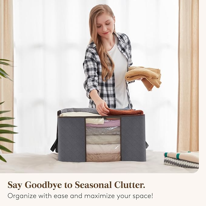 Lifewit 6 Pack Clothes Storage Bins with Lids, Foldable Blanket Storage Bags with Zippers, Clear Window and Reinforced Handles, Closet and Organization for Clothing, Sweater, Comforter, Bedding, Gray