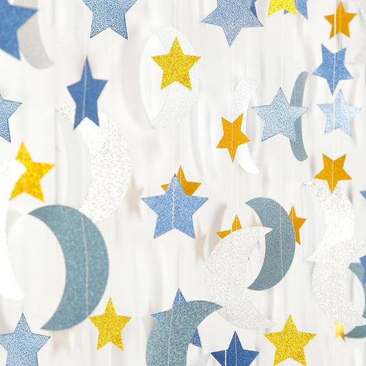 Blue-Gold Silver Party-Decorations Moon-Star Garland - 62Ft Twinkle Little Star Hanging Streamers Banner,Eid Ramadan Mubarak Decoration Birthday Wedding Baby Shower Decor Panduola