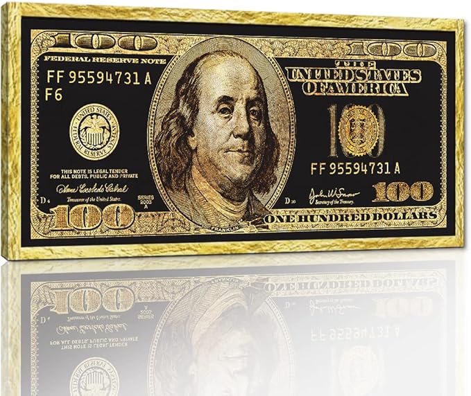 Large Size Motivational Framed Wall Pictures 100 Golden Dollar Money Artwork Posters Prints Culture Style Street Art Inspirational Canvas Painting Wall Art for Kids Room Studio Ready to Hang-48"Wx24"H