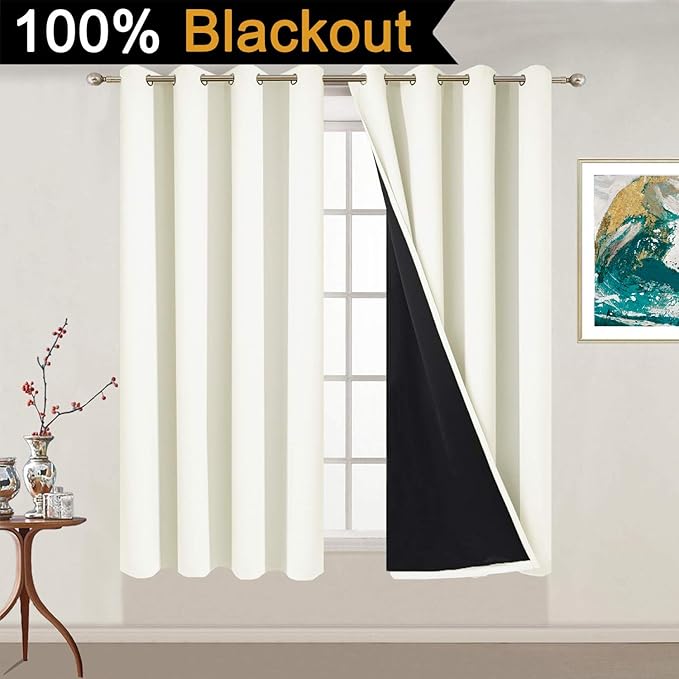 Yakamok 100% Blackout Curtains 54 Inches Long, 2 Thick Layers Thermal Insulated Blackout Curtains for Bedroom, Full Light Blocking Drapes with Black Liner (52" Wide Each Panel, Cream, 2 Panels)
