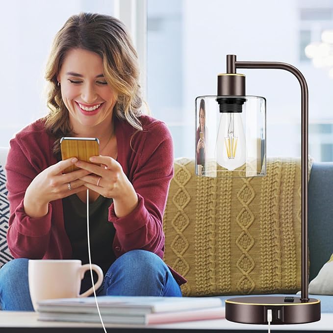 Industrial Touch Table Lamps Set of 2 - Bedside Lamps with 2 USB Ports & AC Outlet, 3-Way Dimmable Nightstand Desk Lamp for Bedroom Living Room, Glass Shade & 2 LED Bulbs Included - Oil-Rubbed Bronze