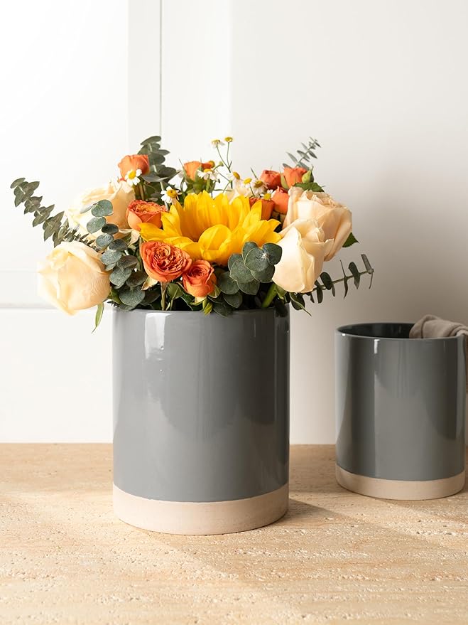 famiware Milkyway Kitchen Utensil Holder for Countertop, 7.2"+5.8" Ceramic Cooking Utensil Crocks for Counter, Utensil Organizer for Spatula & Spoon, Kitchen Decor, Set of 2, Dark Gray