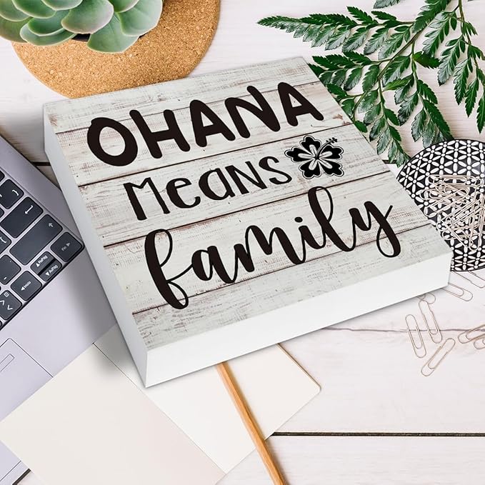 Ohana Means Family Wooden Box Sign Desk Decor, Family Quote Wood Box Sign for Home Office Shelf Table Decoration 5 X 5 Inch
