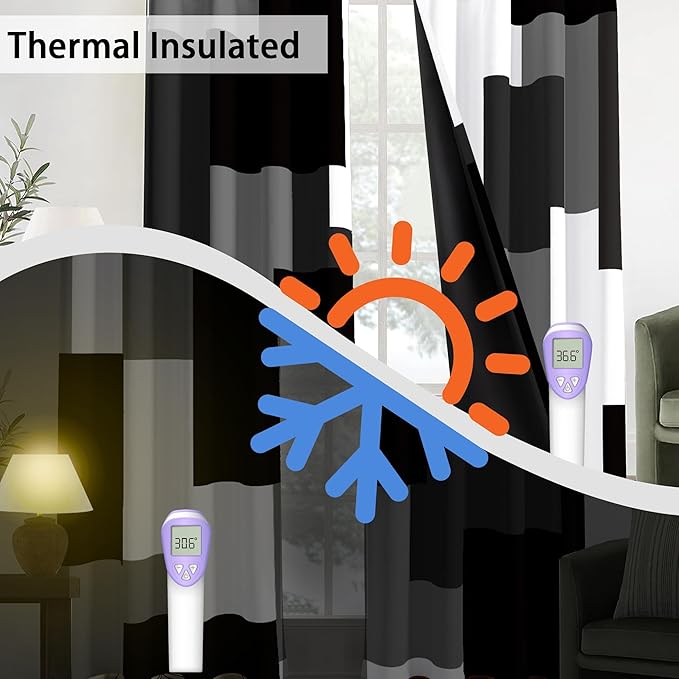 Black Grey Short Blackout Curtains 45 inch Length 2 Panels Set White Grey Modern Abstract Geometric Drapes for Kitchen Black Out Curtains Insulated Room Darkening Small Window Curtains, 42Wx45L