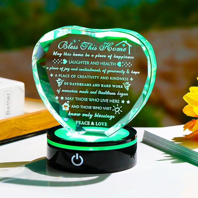 YWHL House Warming Gifts New Home Housewarming Gifts for Women Men Crystal Heart Keepsake with LED Base Home Warming Gift Couple Presents House Blessing Warming Gift New Apartment