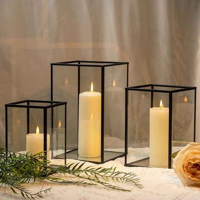 Hurricane Candle Holder 3 PCS, Black Glass Candle Holder Square Hurricane Candle Centerpieces for Tables Decorative, Wedding, Party