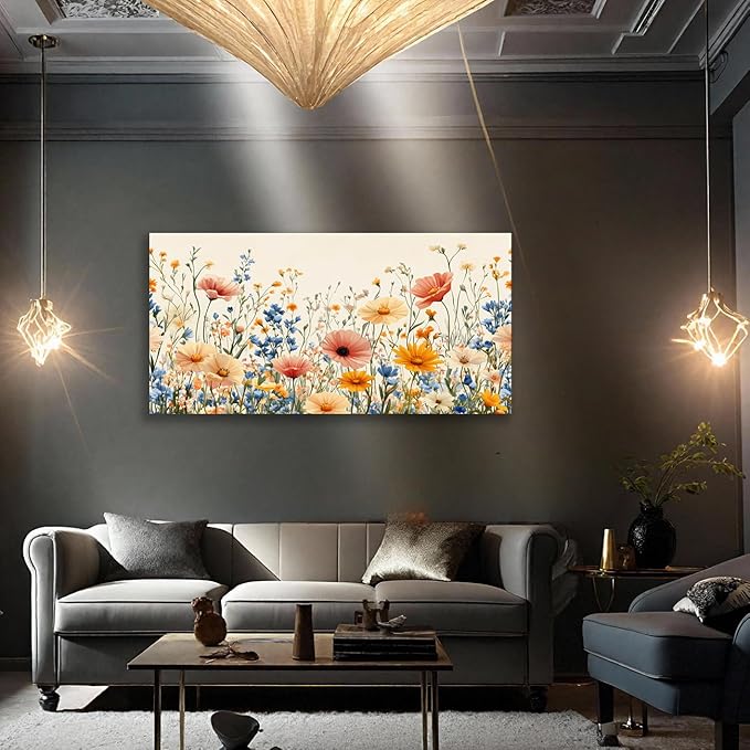 KZKU Floral Canvas Wall Art Wildflower Garden Print 20x40 inches Pink Yellow Blue Watercolor style Flower Picture for Bedroom Living Room Artwork Home Wall Decoration