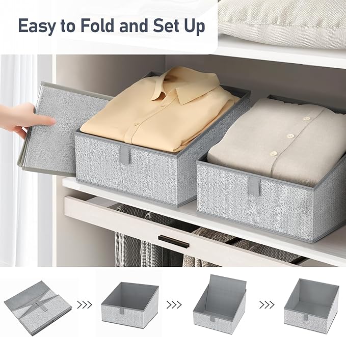DIMJ Closet Storage Bins 10 Pack - Fabric Trapezoid Closet Organizer Bin, Foldable Storage Baskets for Shelves, Closet Shelf Organizer, Clothing Storage Box for Toys, Books, Towel, Clothes, Gray