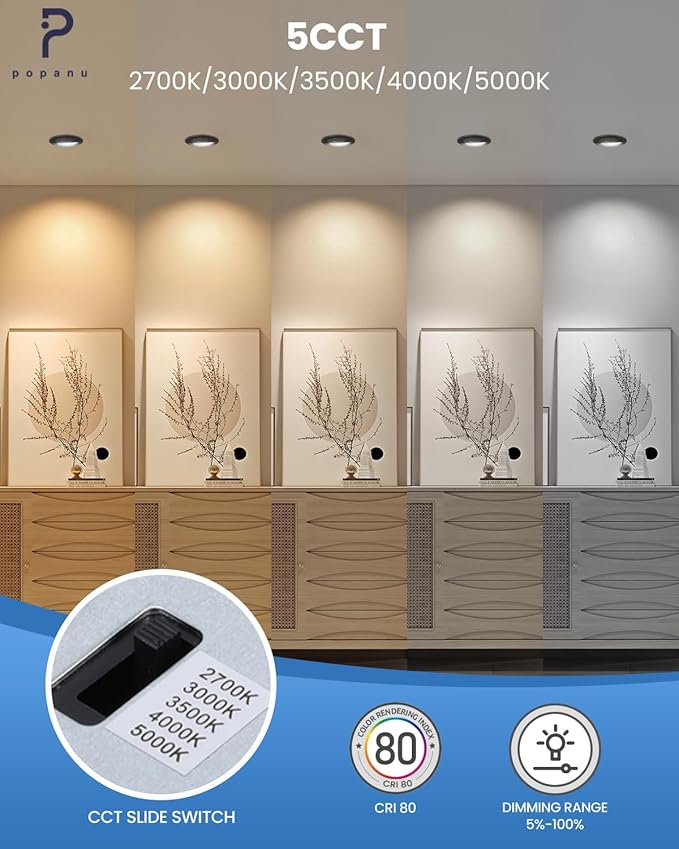 Recessed Lighting 6 inch - 12W Gimbal Light Eyeball Sloped Ceiling Recessed Spotlight 1300lm Black Trim 90° Tilt Swivel Soffit Wafer Lights 5CCT Adjustable Indoor Dimmable Black 6 inch 6 Pack