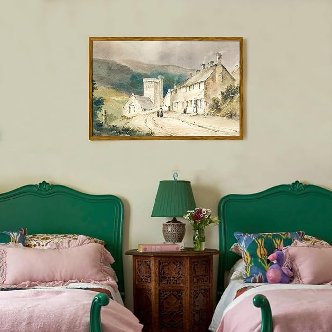 crmotu Vintage Framed Wall Art, Country Landscape Canvas Prints, Retro Old Architecture Aesthetic Pictures, Scenery Wall Paintings for Living Room Bedroom Bathroom, Rustic Farmhouse Decor 20x30in