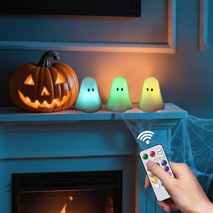 Eldnacele Ghost Flamless Flickering Candles with 18-key Remote and Timer, 12 Color Changing Battery Operated Spooky Candles Real Wax Small Ghost Lights LED Candle Fireplace Halloween Indoor Decor Gift
