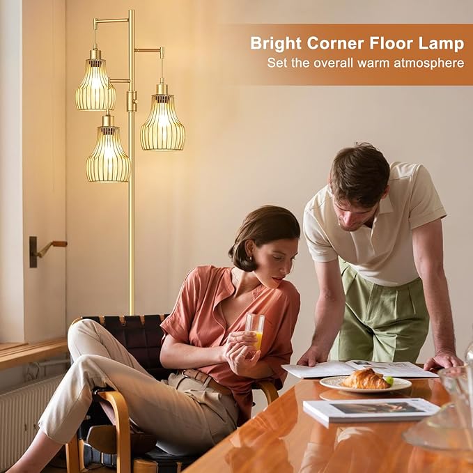 Dimmable Gold Floor Lamps for Living Room, 70" Farmhouse Tree Standing Tall Lamps with 3 Elegant Cage Shade & 800 Lumens LED Bulbs for Bedroom Office