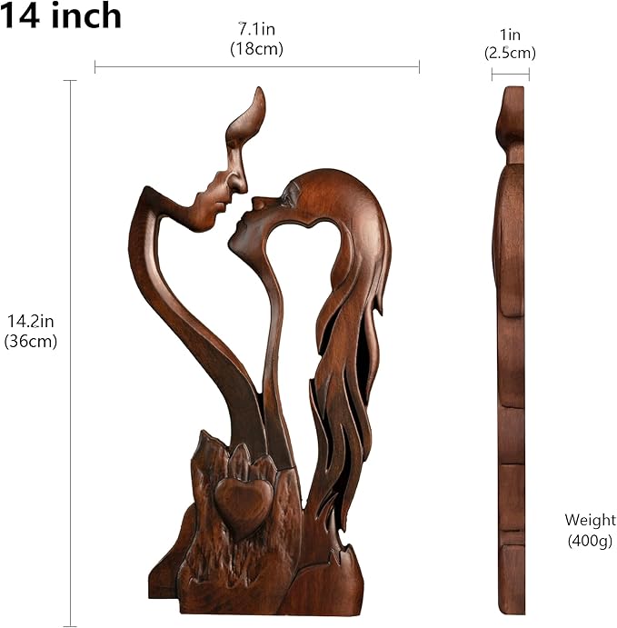 Wooden Kissing Couple Ornament, Abstract Couple Portrait Sculpture Romantic Love Statue Decor Gift for Women Anniversary Valentine Wedding - 14 Inch