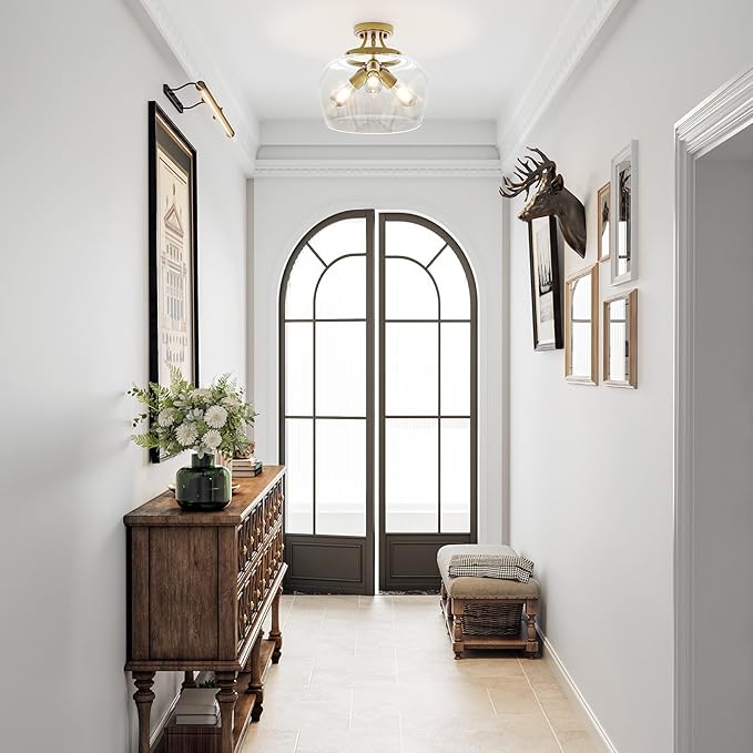 VONLUCE Semi Flush Mount Ceiling Light, 13.8" Ceiling Light Fixture with Clear Glass Shade, E26 Base, 3-Bulb Industrial Ceiling Light for Hallway Entryway Kitchen Bedroom, Brushed Gold