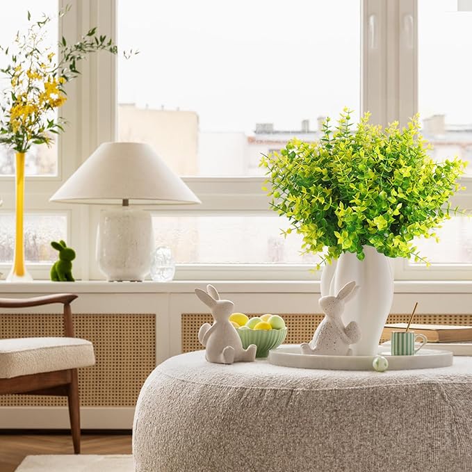 RECUTMS Artificial Boxwood Plants Outdoor Fake Spring Plants Uv Resistant Artificial Shrubs for Outdoors Greenery Stems Outdoor Flowers That Look Real Artificial Eucalyptus (Yellow Eucalyptus)